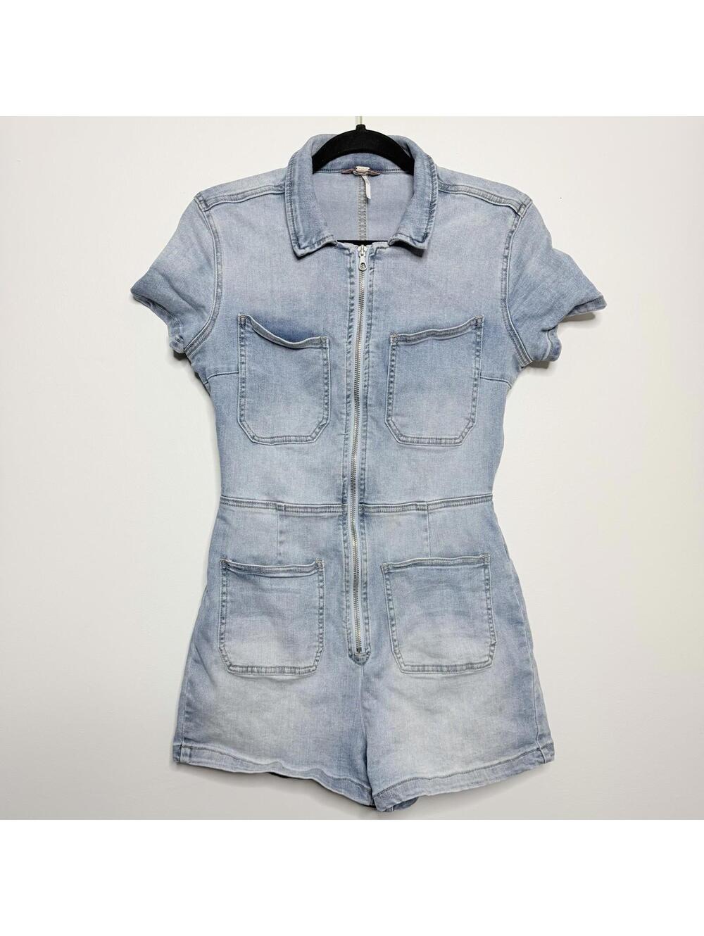 Free People We The Free Curvy Denim Romper Zip Front Light Wash Size 8